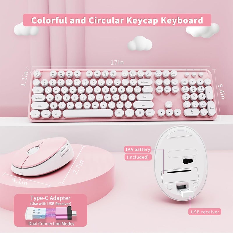 SkyGive Wireless Keyboard and Mouse Combo, Ergonomic Full Size Typewriter Retro Round Keycaps Keyboard, Compatible with Windows, PC, Perfer for Home and Office Keyboards (Lovely Pink) - Image 5